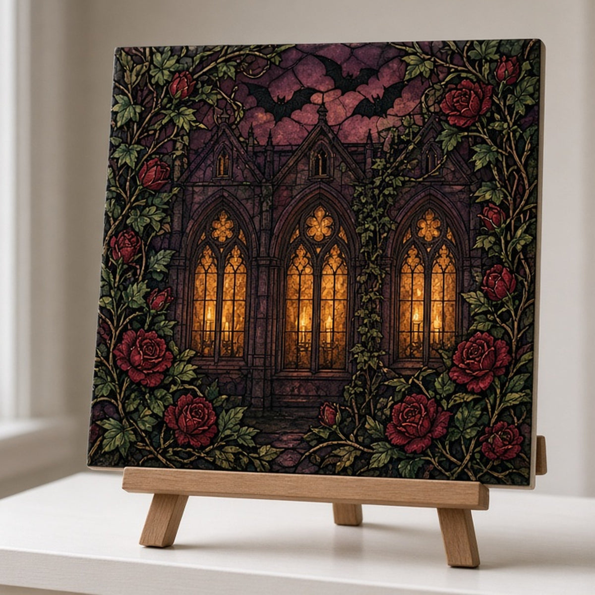 Arts and Crafts stained-glass gothic windows glowing with candlelight printed flat on a ceramic tile on an easel, made with prompt #84