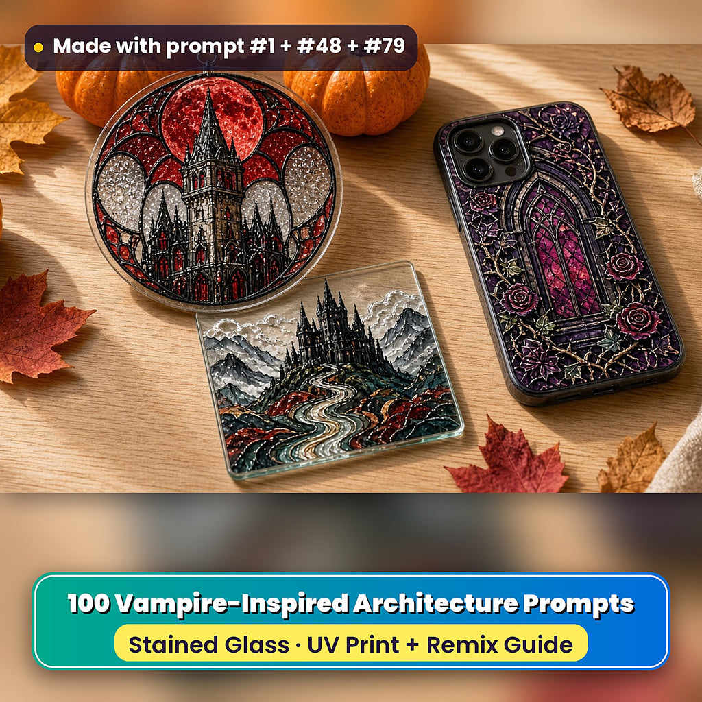 Vampire-Inspired Architecture stained glass prompt pack: UV-printed suncatcher, coaster and phone case set mockup, made with prompt #1 + #48 + #79
