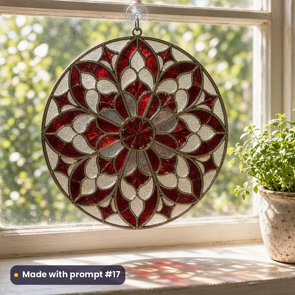 Vampire-Inspired Architecture stained glass prompt pack: UV-printed acrylic suncatcher in a window mockup, made with prompt #17