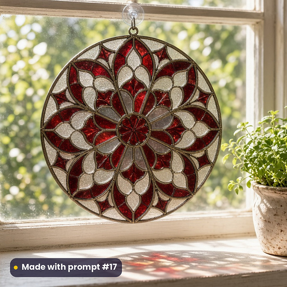 Vampire-Inspired Architecture stained glass prompt pack: UV-printed acrylic suncatcher in a window mockup, made with prompt #17