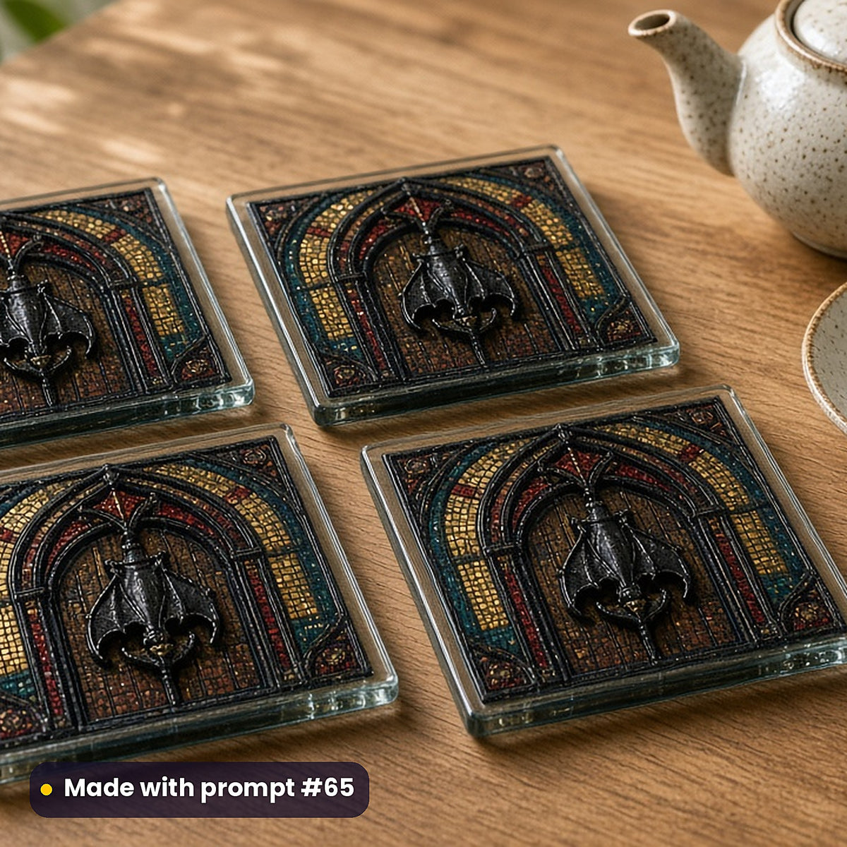 Vampire-Inspired Architecture stained glass prompt pack: set of UV-printed glass coasters mockup, made with prompt #65