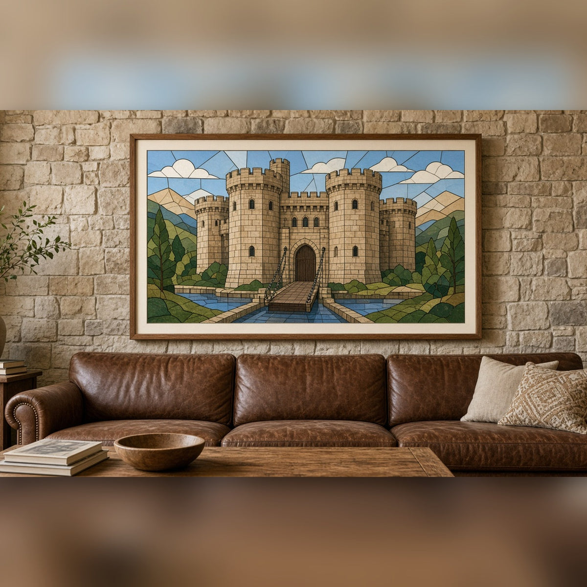 Medieval stone castle with drawbridge in Art Deco stained-glass style shown as a flat framed print in a family room, made with prompt #9