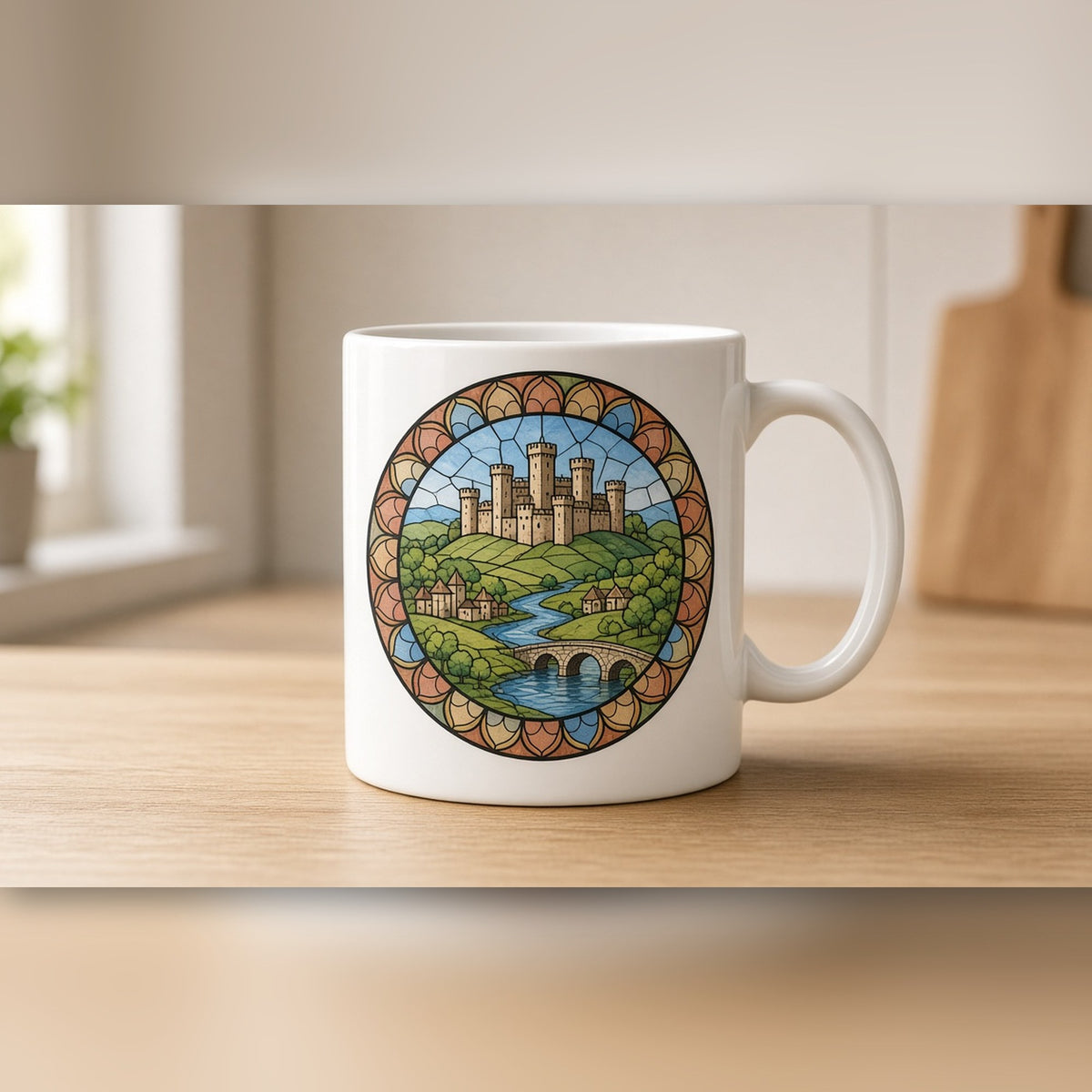Rose-window design of a castle above a river valley printed flat on a ceramic mug, made with prompt #47