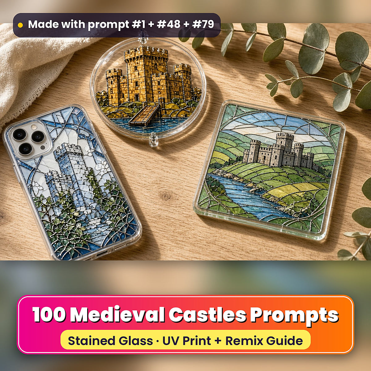 Medieval Castles stained glass prompt pack: UV-printed suncatcher, coaster and phone case set mockup, made with prompt #1 + #48 + #79