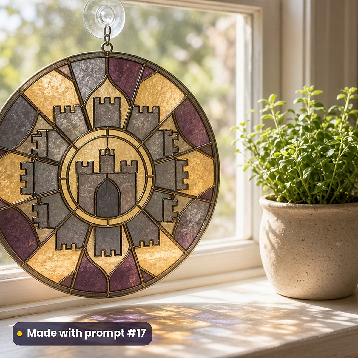 Medieval Castles stained glass prompt pack: UV-printed acrylic suncatcher in a window mockup, made with prompt #17