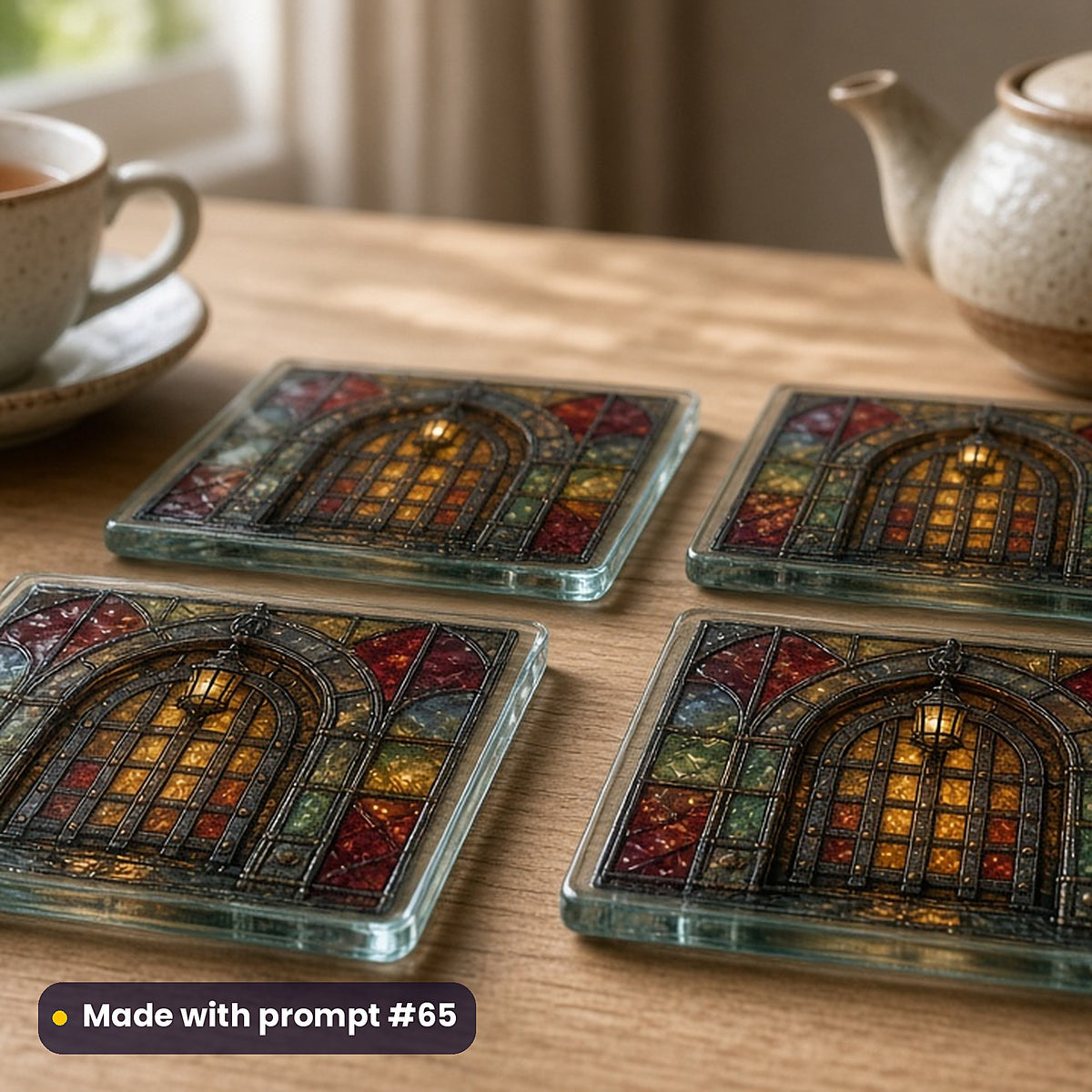 Medieval Castles stained glass prompt pack: set of UV-printed glass coasters mockup, made with prompt #65