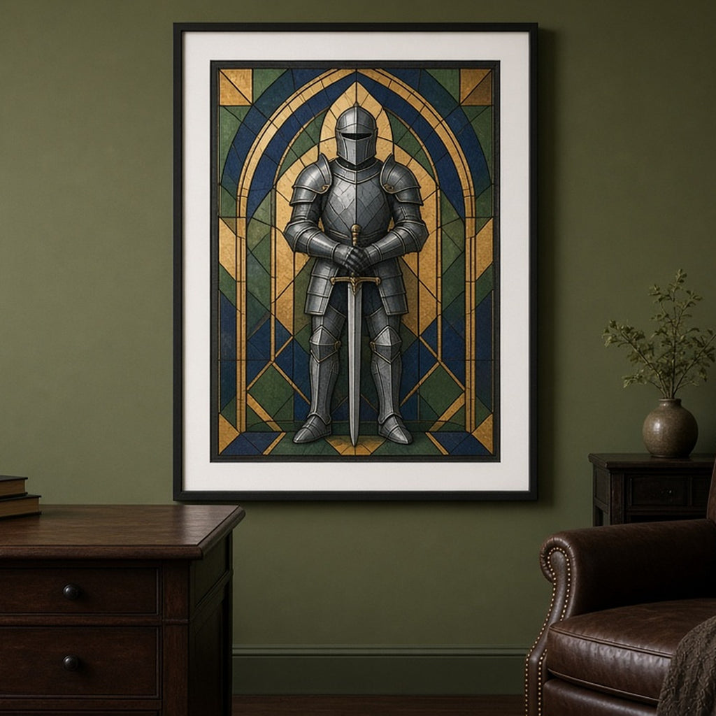 Knight in plain plate armour in Art Deco stained-glass style shown as a flat framed print in a study, made with prompt #9