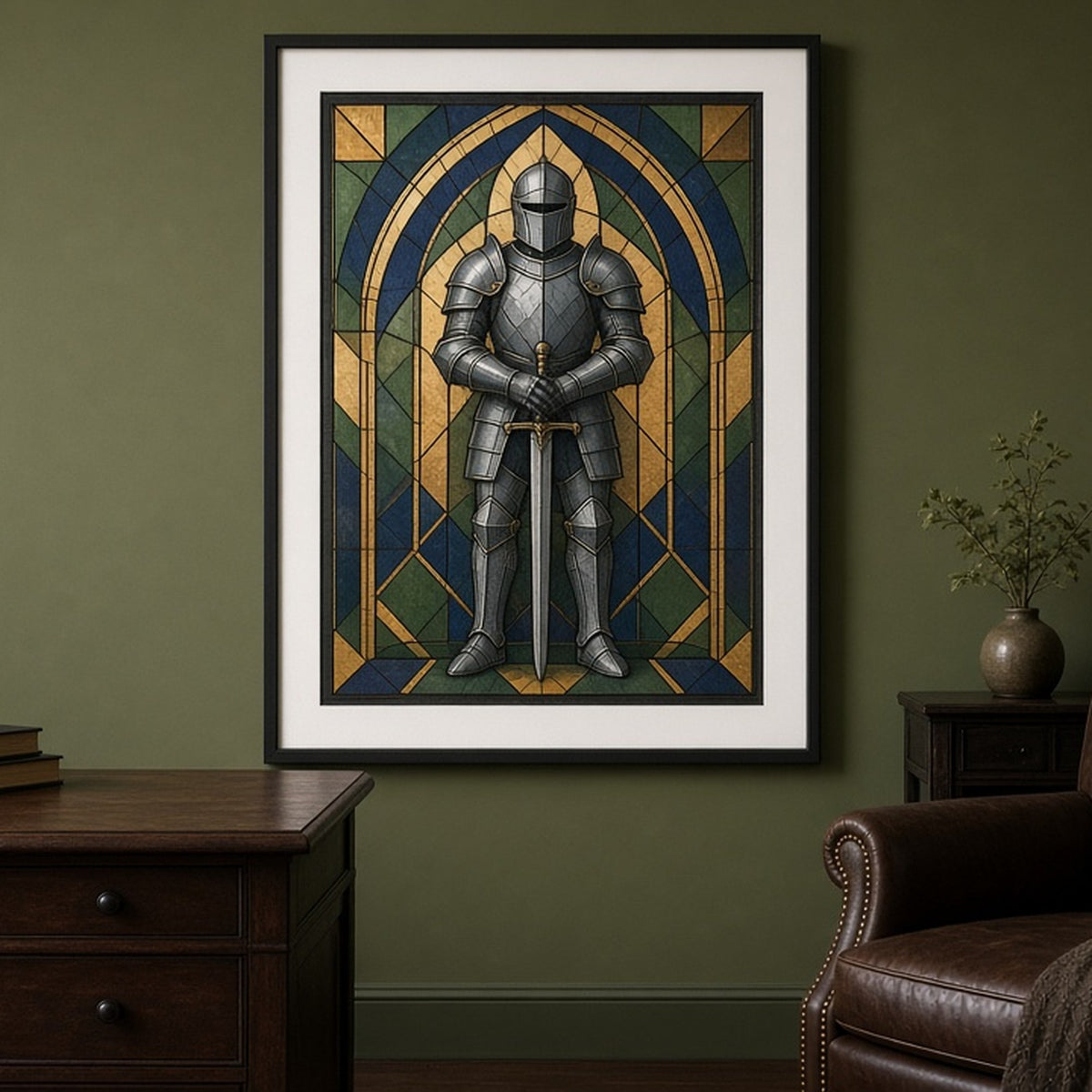 Knight in plain plate armour in Art Deco stained-glass style shown as a flat framed print in a study, made with prompt #9