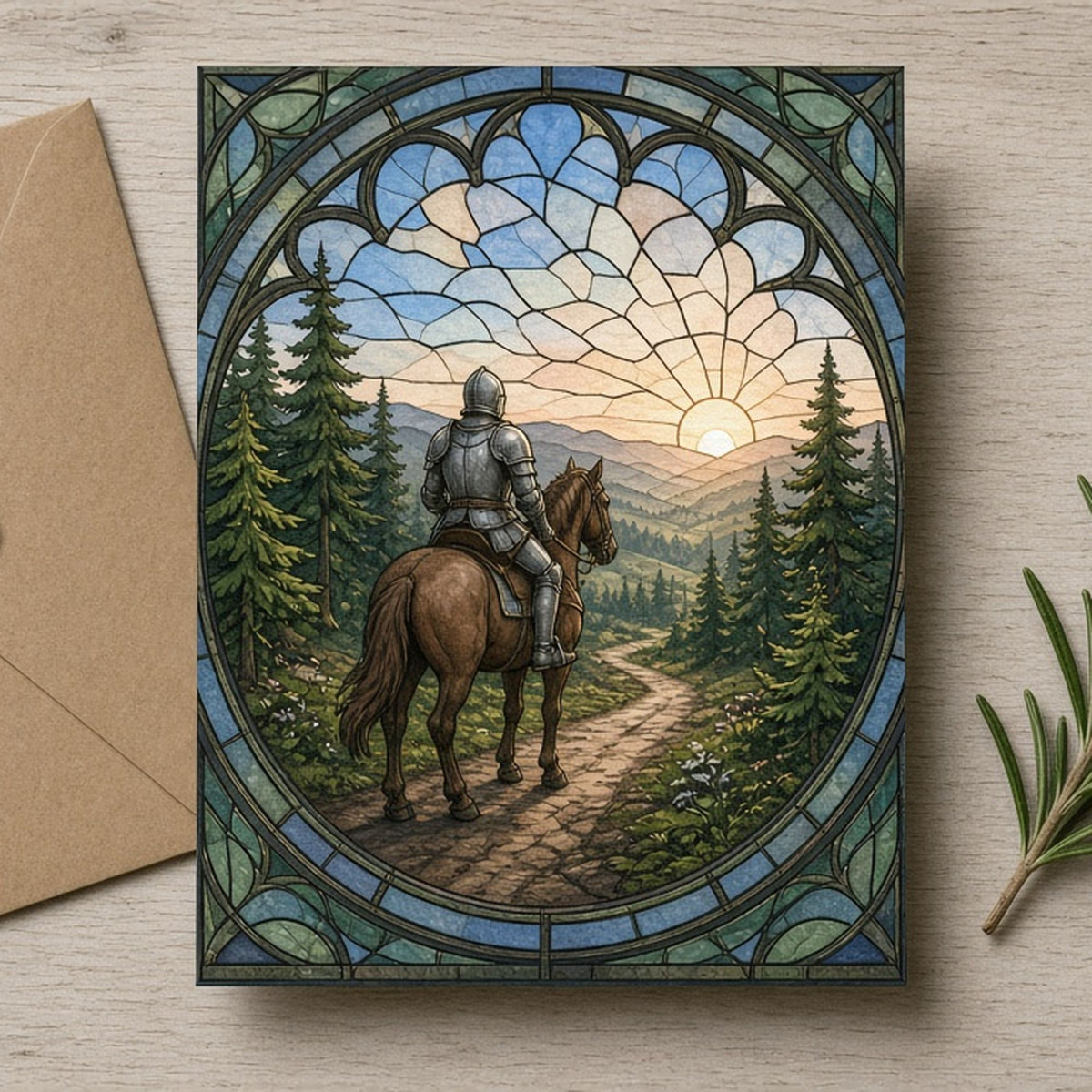 Rose-window design of a knight riding a forest road at sunrise printed flat on a greeting card, made with prompt #47