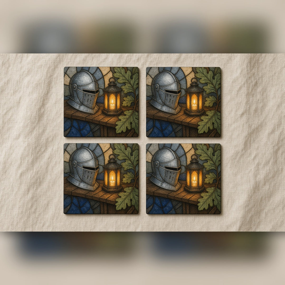 Arts and Crafts stained-glass knight's helmet beside a glowing lantern printed flat on a set of four coasters, made with prompt #84