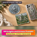 Knights and Armour stained glass prompt pack: UV-printed suncatcher, coaster and phone case set mockup, made with prompt #1 + #48 + #79