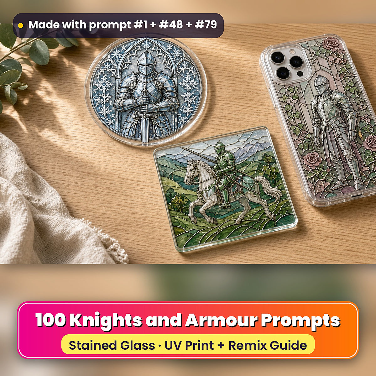 Knights and Armour stained glass prompt pack: UV-printed suncatcher, coaster and phone case set mockup, made with prompt #1 + #48 + #79