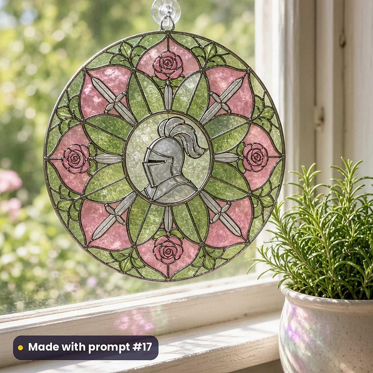 Knights and Armour stained glass prompt pack: UV-printed acrylic suncatcher in a window mockup, made with prompt #17