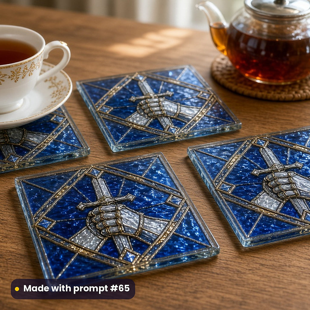 Knights and Armour stained glass prompt pack: set of UV-printed glass coasters mockup, made with prompt #65