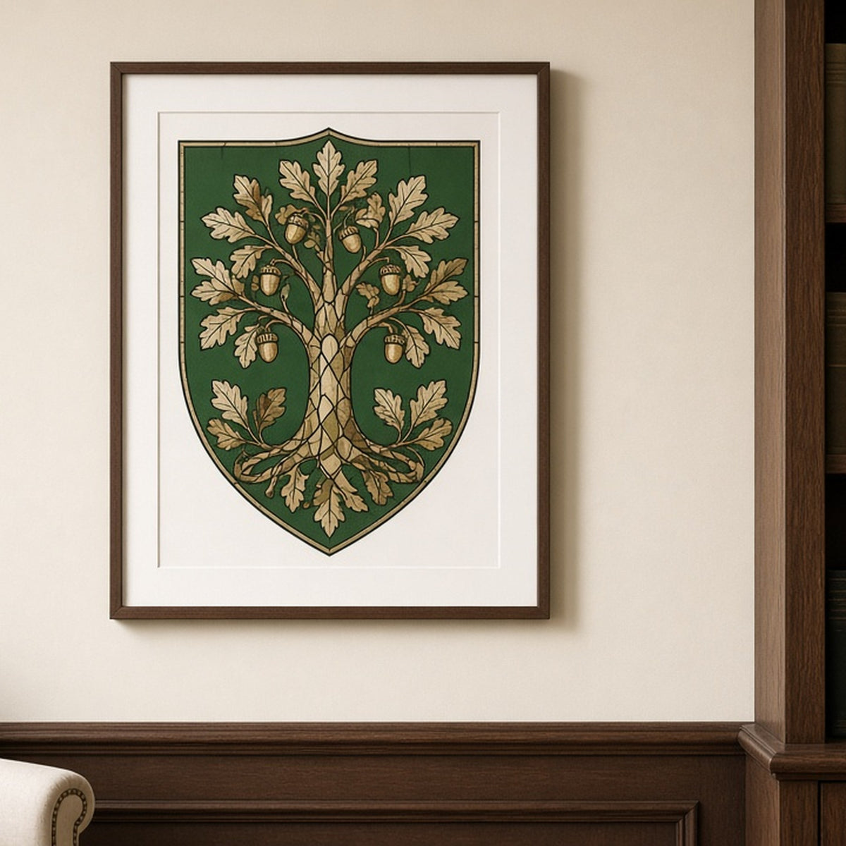 Fictional shield with an oak tree in Art Deco stained-glass style shown as a flat framed print in a library, made with prompt #9