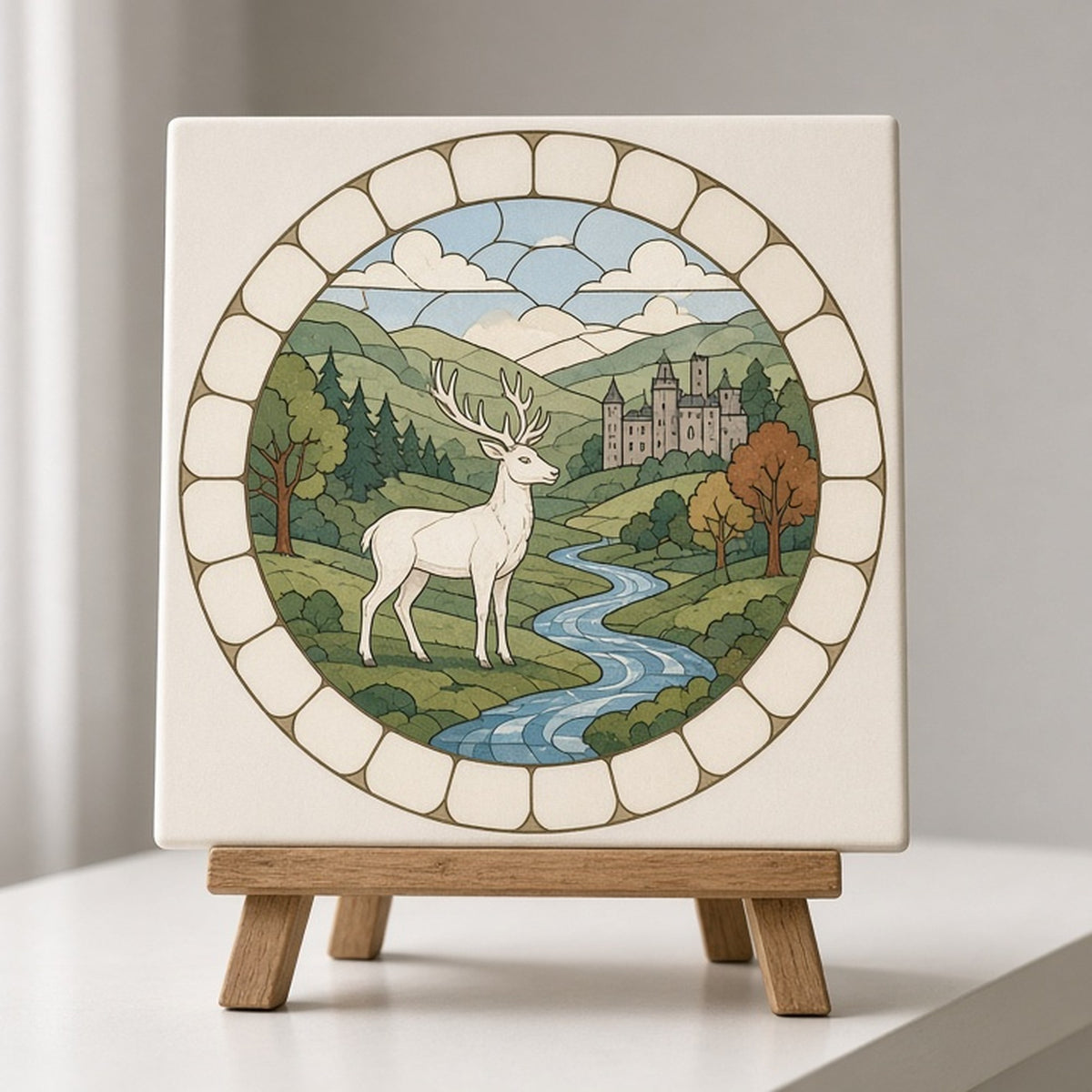 Rose-window design of a white stag in a green valley printed flat on a ceramic tile on an easel, made with prompt #47