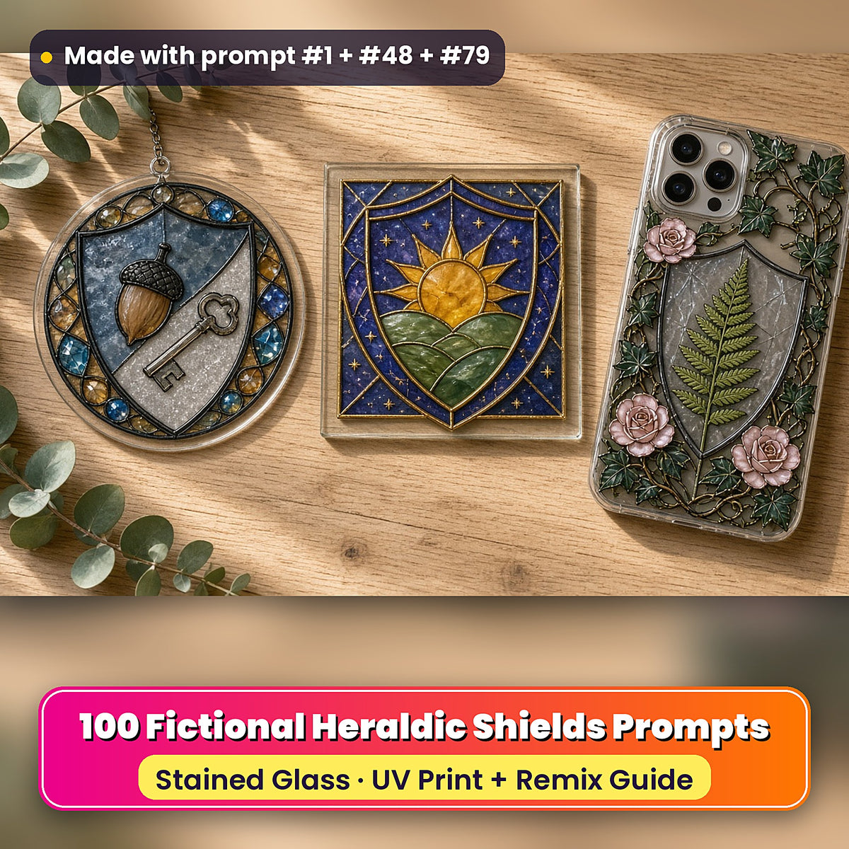 Fictional Heraldic Shields stained glass prompt pack: UV-printed suncatcher, coaster and phone case set mockup, made with prompt #1 + #48 + #79