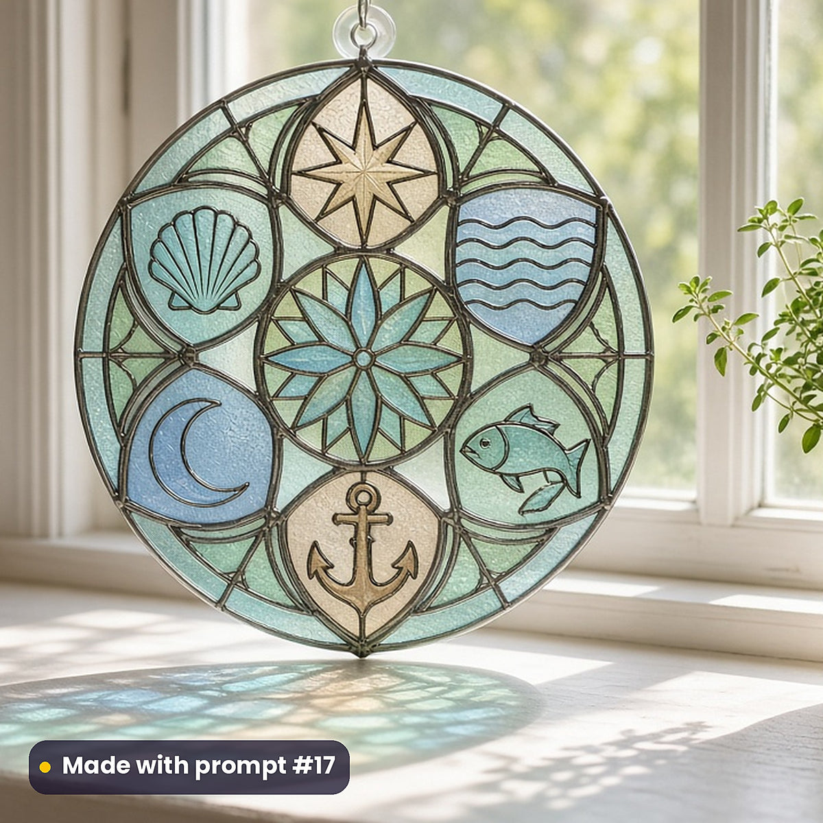 Fictional Heraldic Shields stained glass prompt pack: UV-printed acrylic suncatcher in a window mockup, made with prompt #17