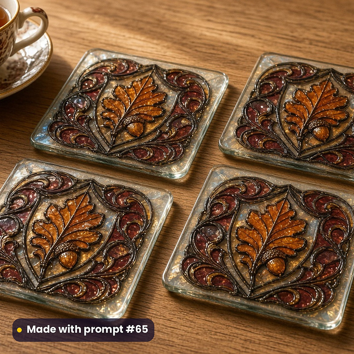 Fictional Heraldic Shields stained glass prompt pack: set of UV-printed glass coasters mockup, made with prompt #65