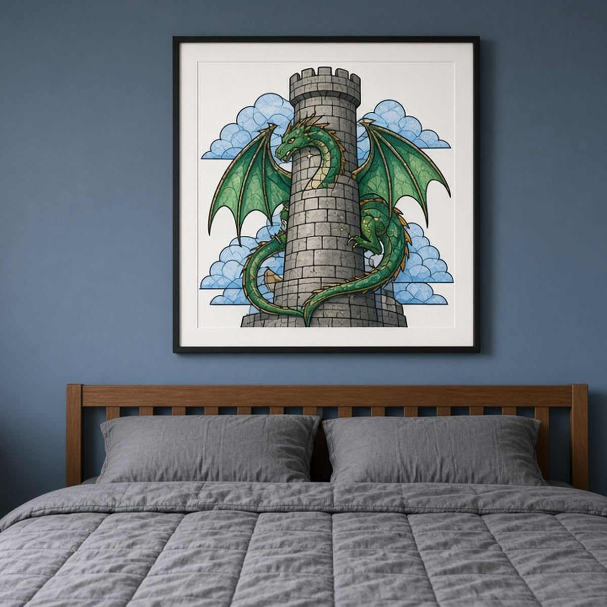 Dragon coiled around a castle tower in Art Deco stained-glass style shown as a flat framed print in a bedroom, made with prompt #9
