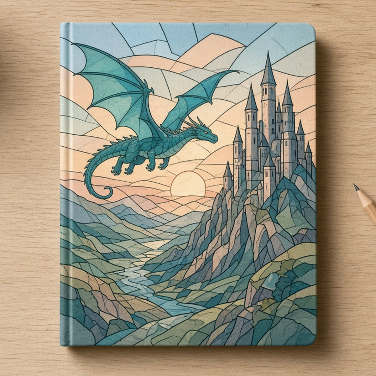Stained-glass dragon flying toward mountain castle towers at dawn printed flat on a notebook cover, made with prompt #47