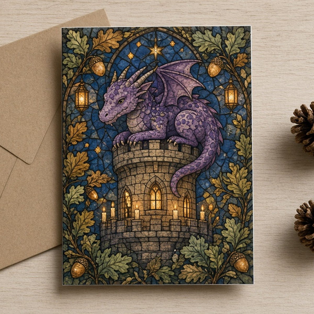 Arts and Crafts stained-glass dragon on a candlelit castle tower printed flat on a greeting card, made with prompt #84