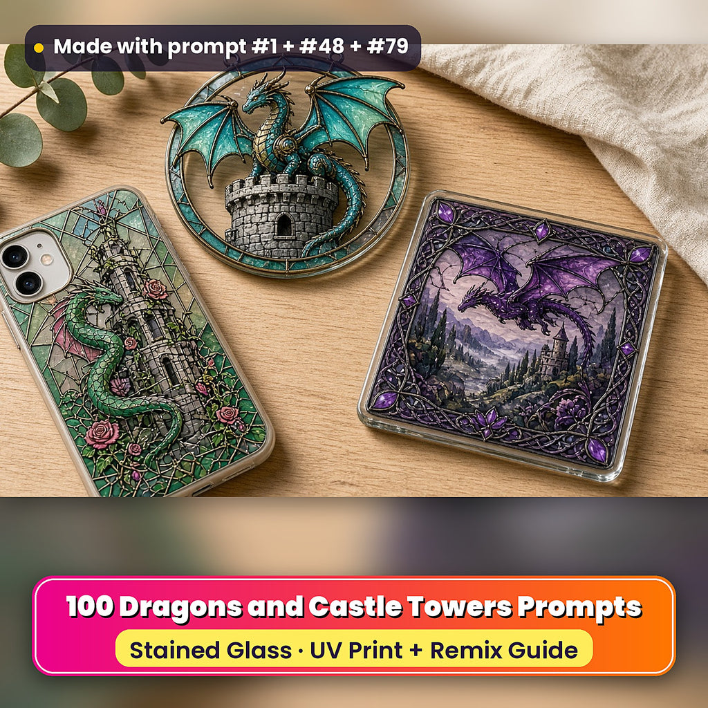 Dragons and Castle Towers stained glass prompt pack: UV-printed suncatcher, coaster and phone case set mockup, made with prompt #1 + #48 + #79