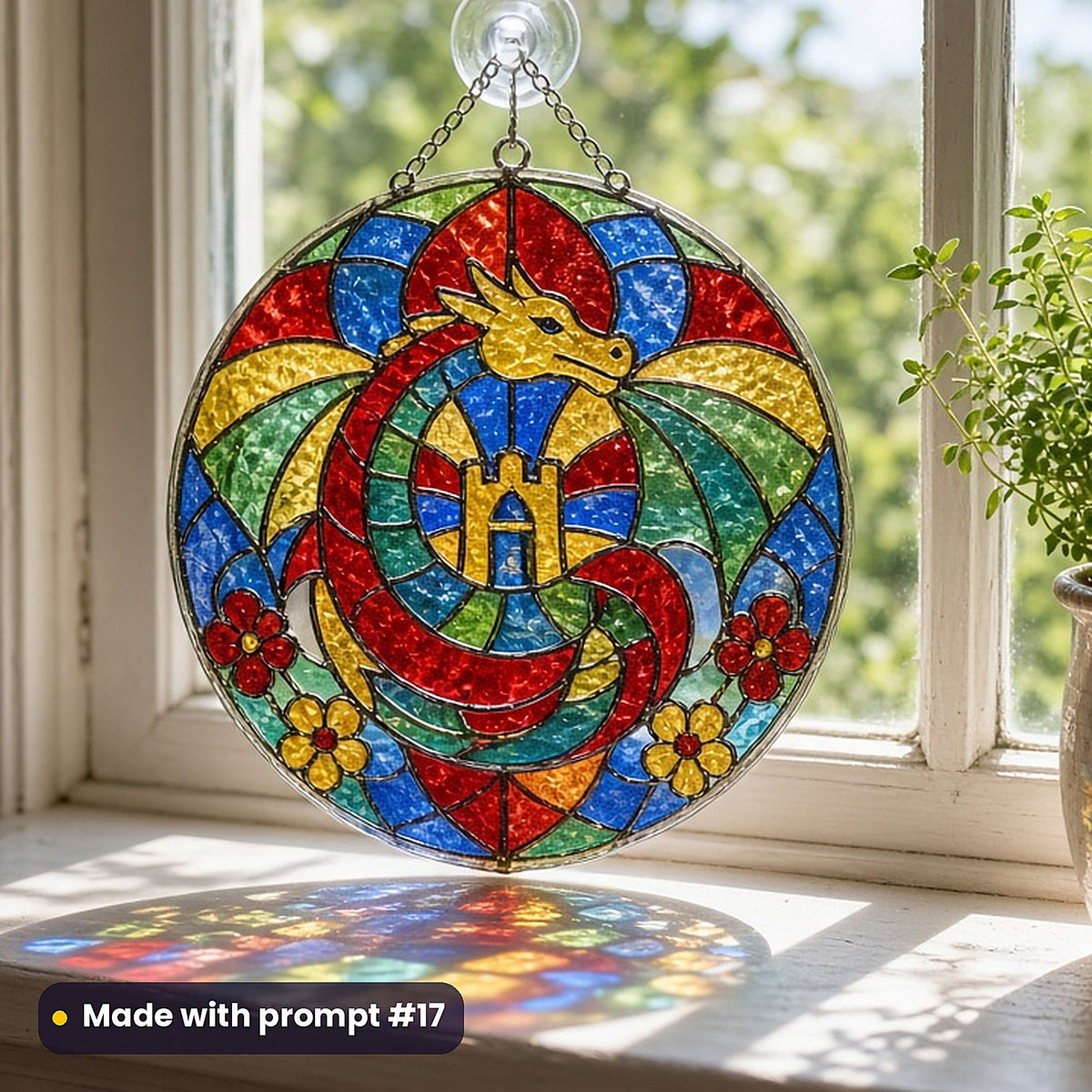 Dragons and Castle Towers stained glass prompt pack: UV-printed acrylic suncatcher in a window mockup, made with prompt #17