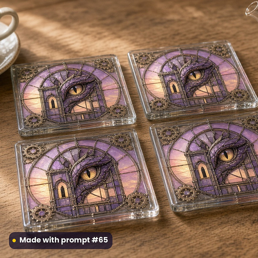 Dragons and Castle Towers stained glass prompt pack: set of UV-printed glass coasters mockup, made with prompt #65