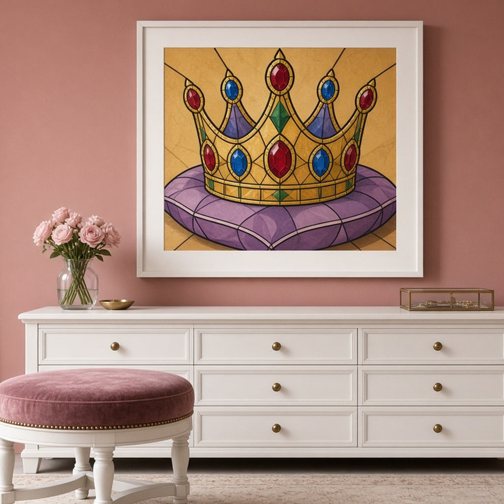 Storybook jewelled crown on a cushion in Art Deco stained-glass style shown as a flat framed print in a dressing room, made with prompt #9