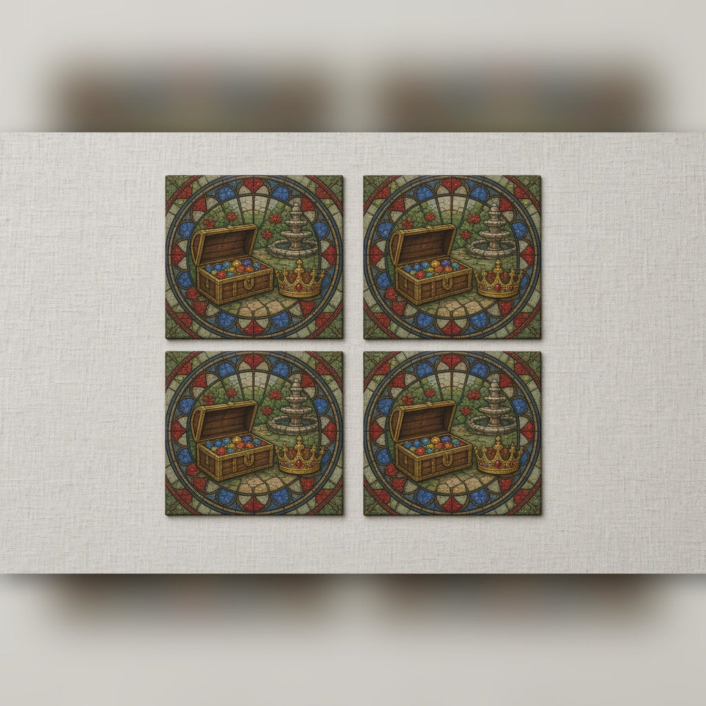Rose-window design of a jewel chest and crown in a garden printed flat on a set of four coasters, made with prompt #47