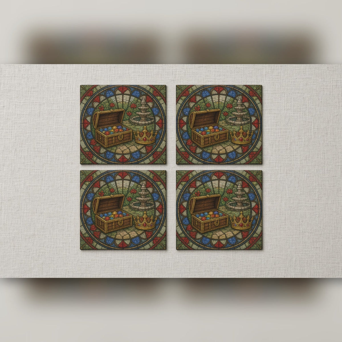 Rose-window design of a jewel chest and crown in a garden printed flat on a set of four coasters, made with prompt #47