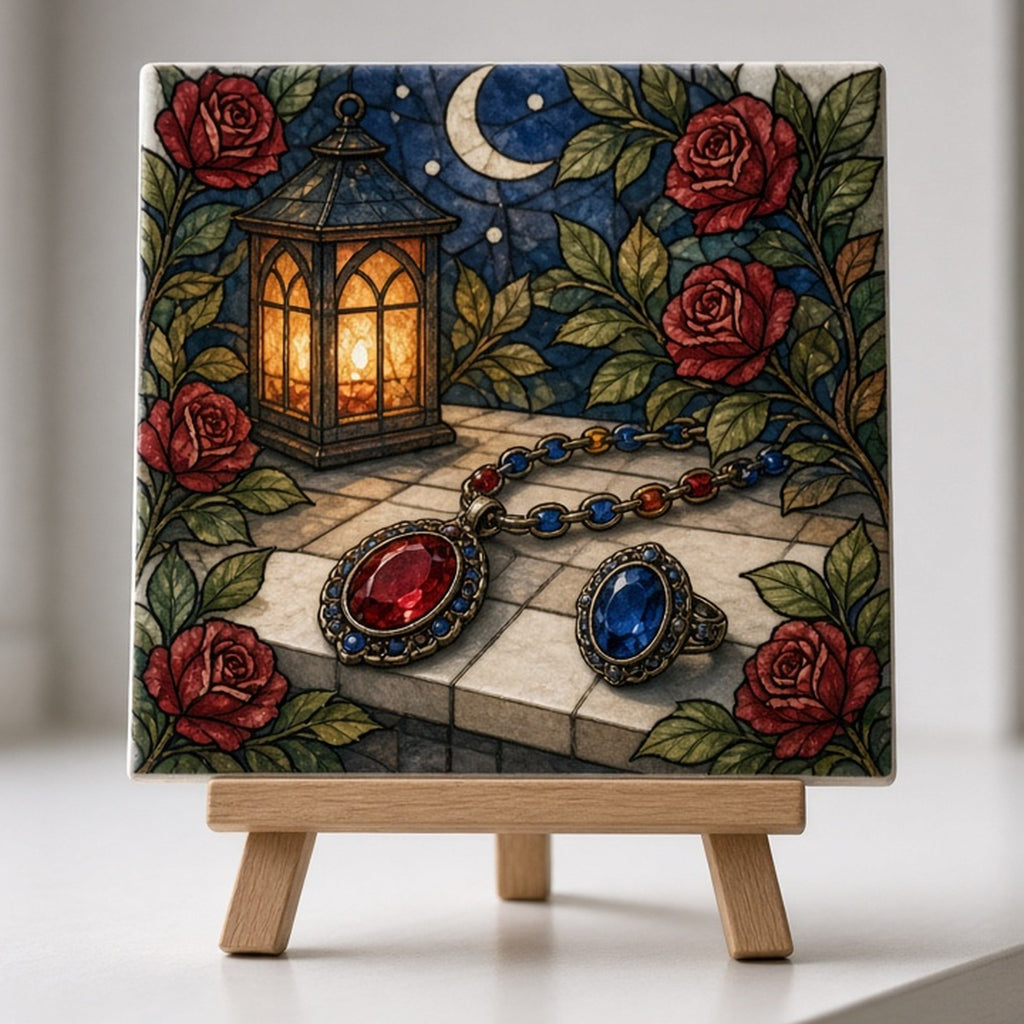 Arts and Crafts stained-glass jewels beside a glowing lantern printed flat on a ceramic tile on an easel, made with prompt #84