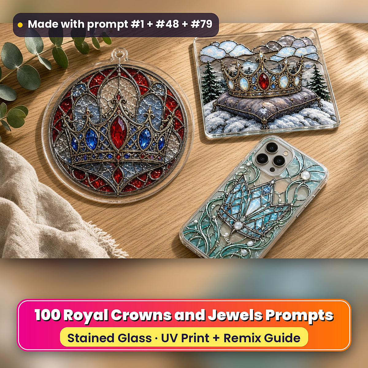 Royal Crowns and Jewels stained glass prompt pack: UV-printed suncatcher, coaster and phone case set mockup, made with prompt #1 + #48 + #79