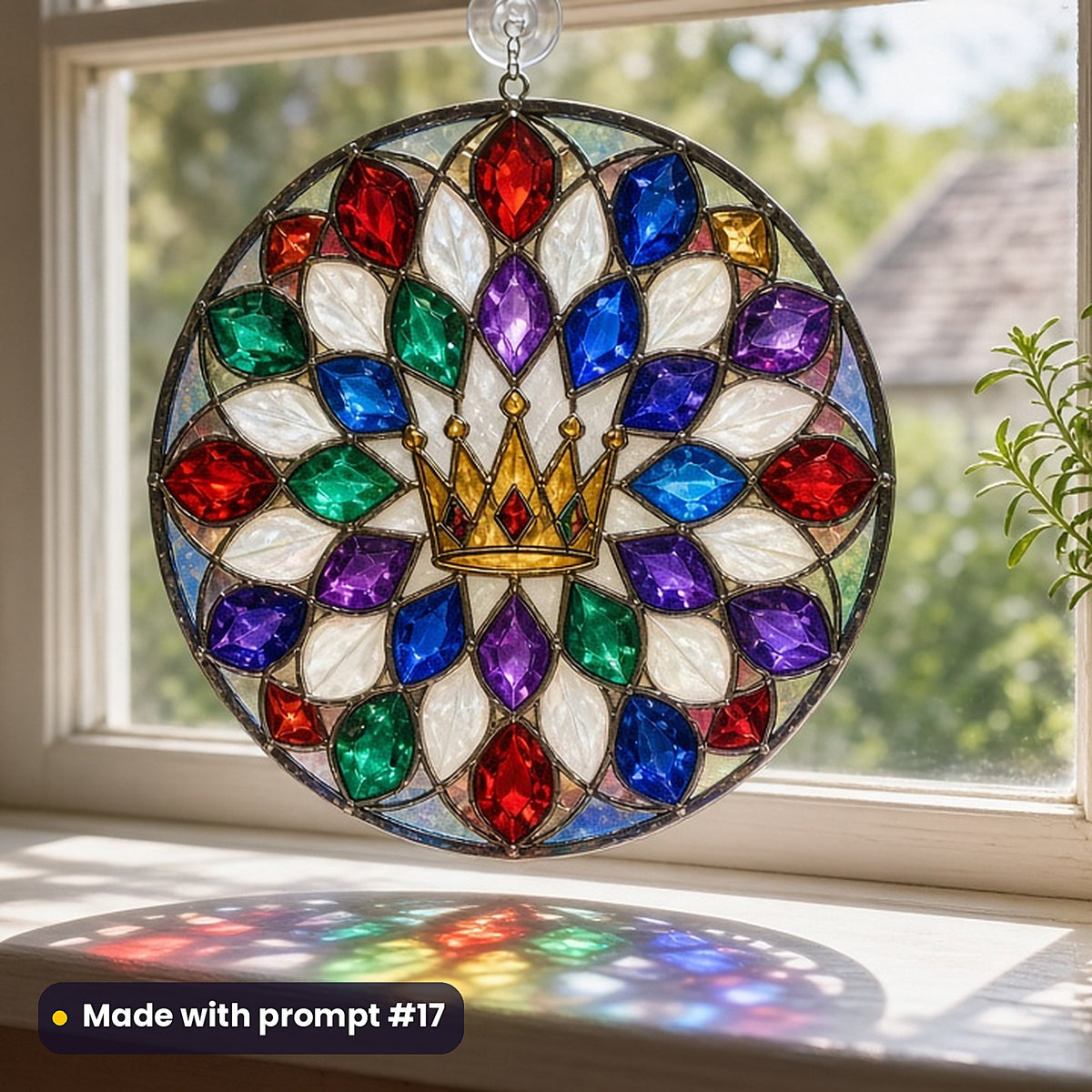 Royal Crowns and Jewels stained glass prompt pack: UV-printed acrylic suncatcher in a window mockup, made with prompt #17