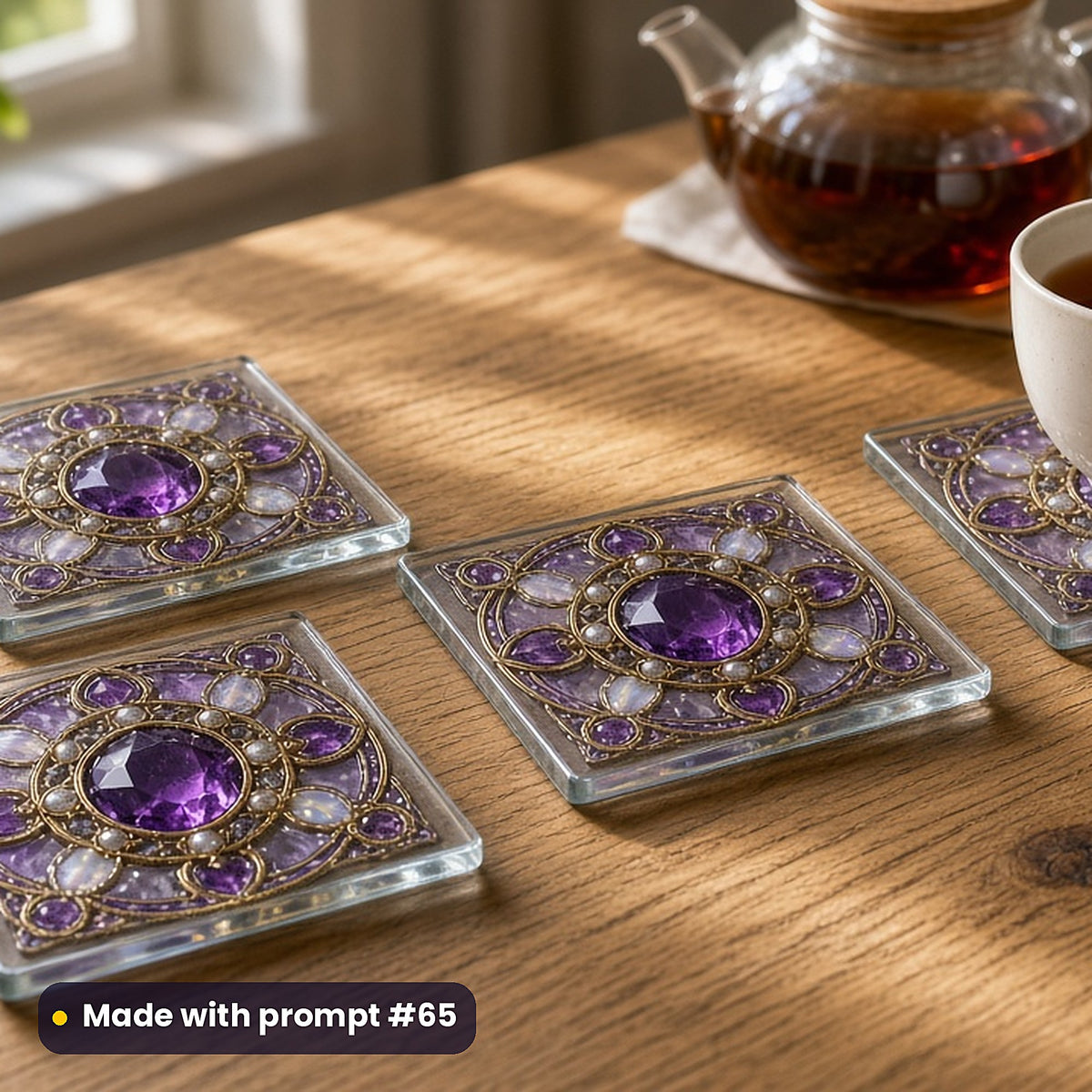Royal Crowns and Jewels stained glass prompt pack: set of UV-printed glass coasters mockup, made with prompt #65