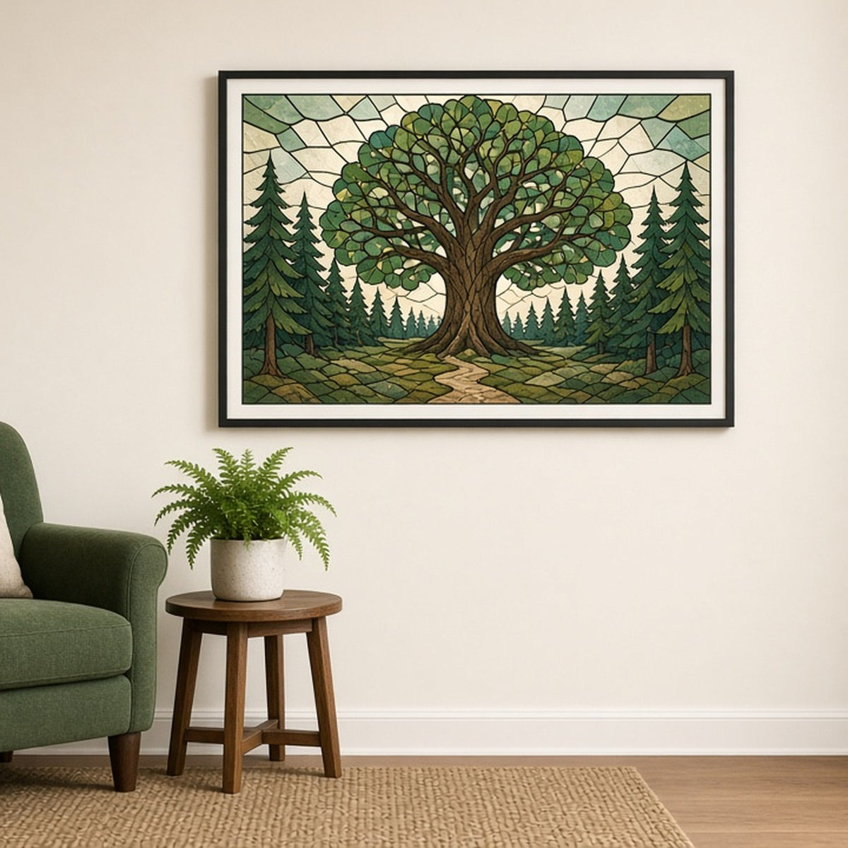 Ancient oak in a medieval forest in Art Deco stained-glass style shown as a flat framed print in a reading nook, made with prompt #9
