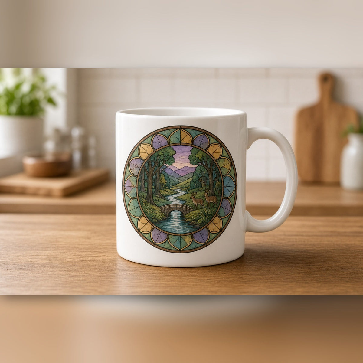 Rose-window forest landscape with deer and a footbridge printed flat on a white ceramic mug, made with prompt #47