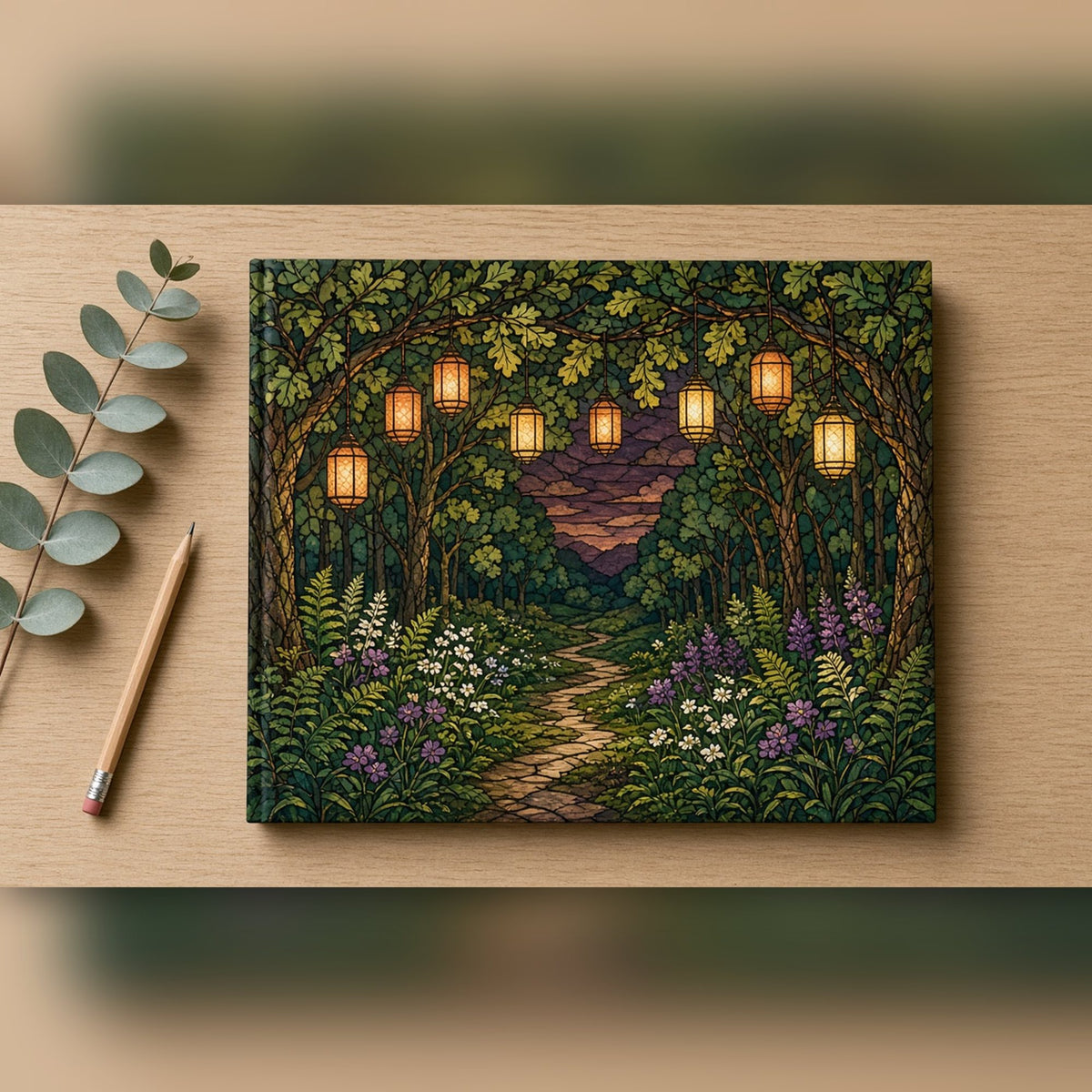 Arts and Crafts stained-glass forest path with glowing lanterns printed flat on a hardcover notebook, made with prompt #84