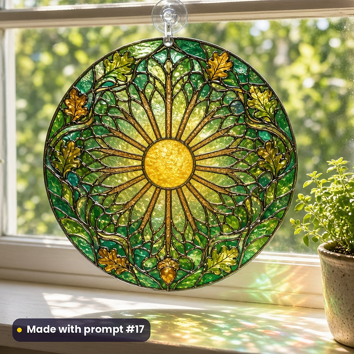 Medieval Forests stained glass prompt pack: UV-printed acrylic suncatcher in a window mockup, made with prompt #17