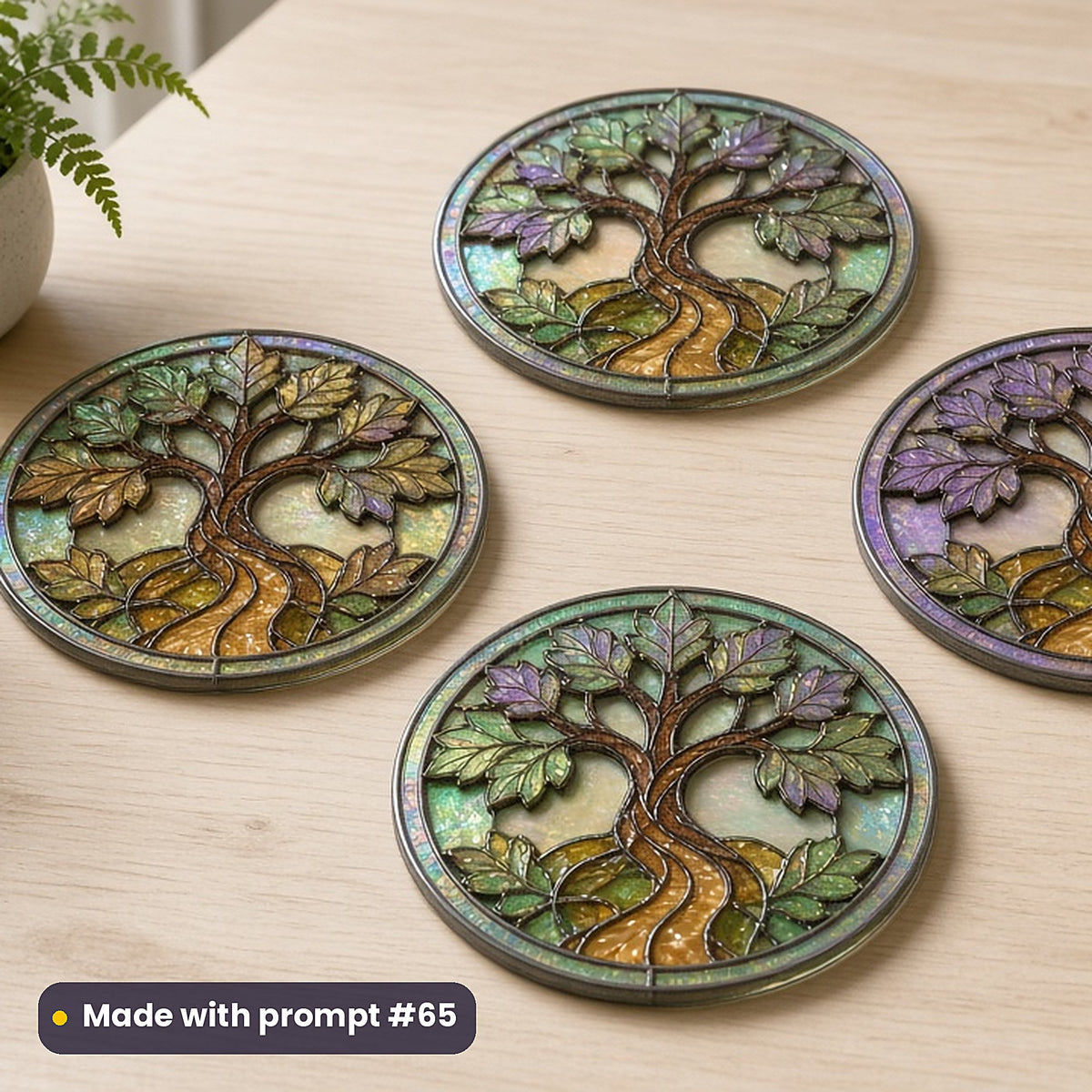 Medieval Forests stained glass prompt pack: set of UV-printed glass coasters mockup, made with prompt #65