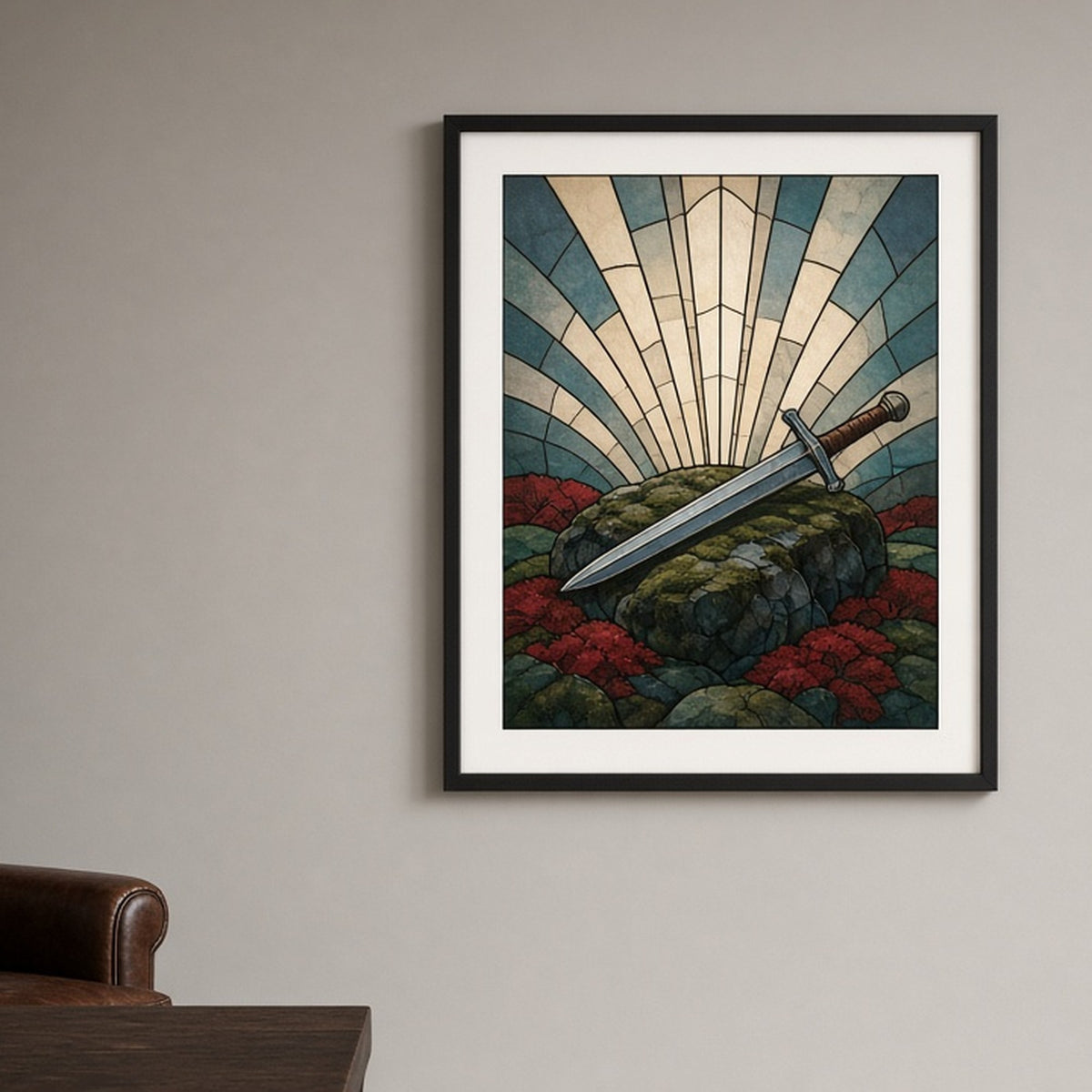 Legendary sword on a mossy stone in Art Deco stained-glass style shown as a flat framed print in a study, made with prompt #9