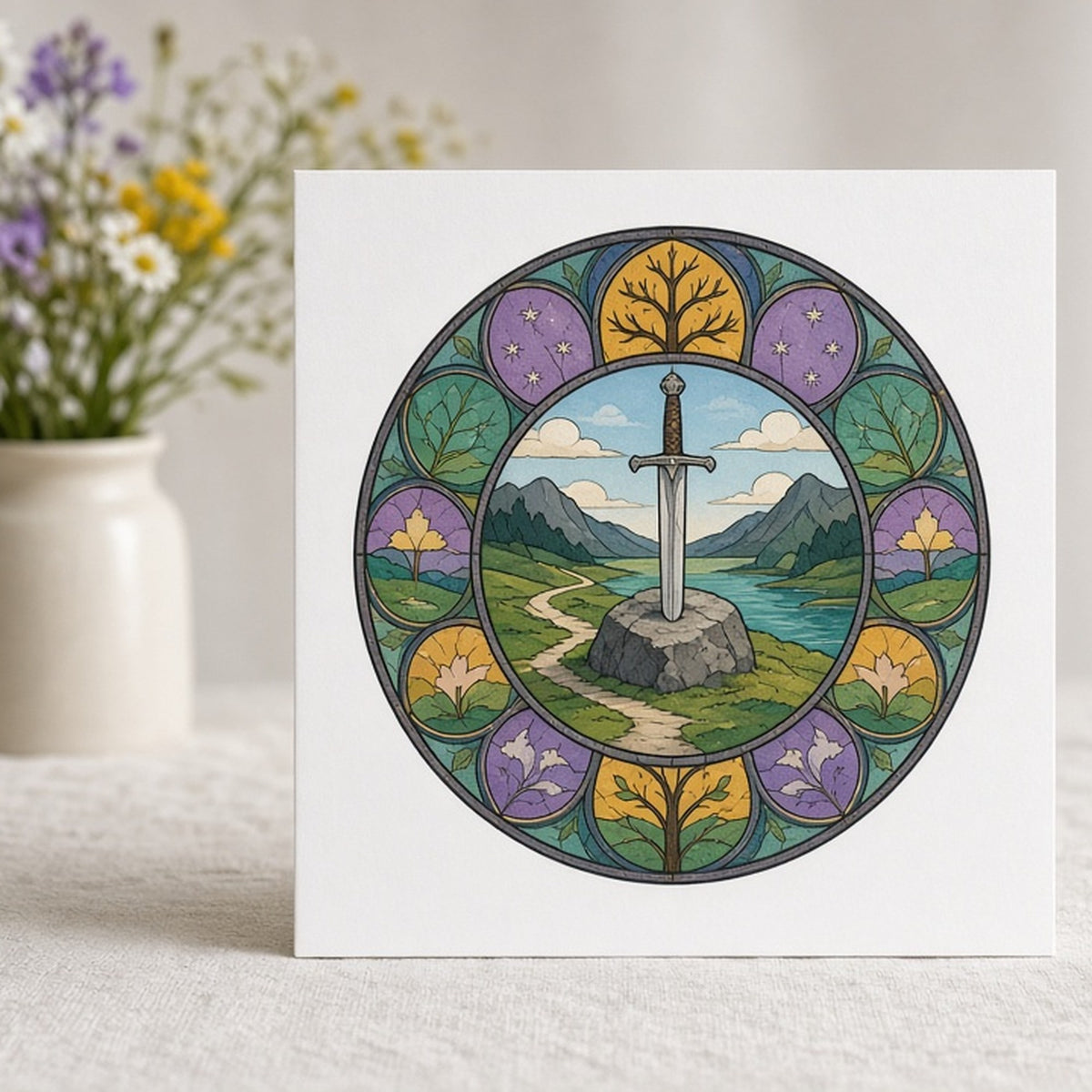 Rose-window landscape of a sword in a stone by a lake printed flat on a greeting card, made with prompt #47