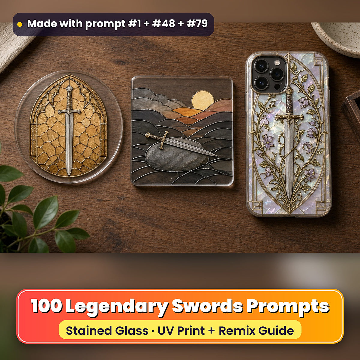 Legendary Swords stained glass prompt pack: UV-printed suncatcher, coaster and phone case set mockup, made with prompt #1 + #48 + #79
