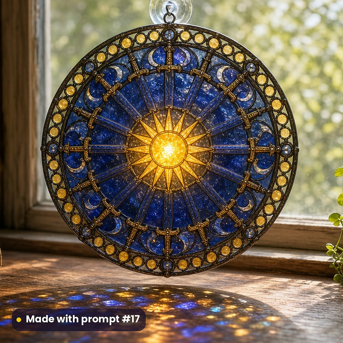 Legendary Swords stained glass prompt pack: UV-printed acrylic suncatcher in a window mockup, made with prompt #17