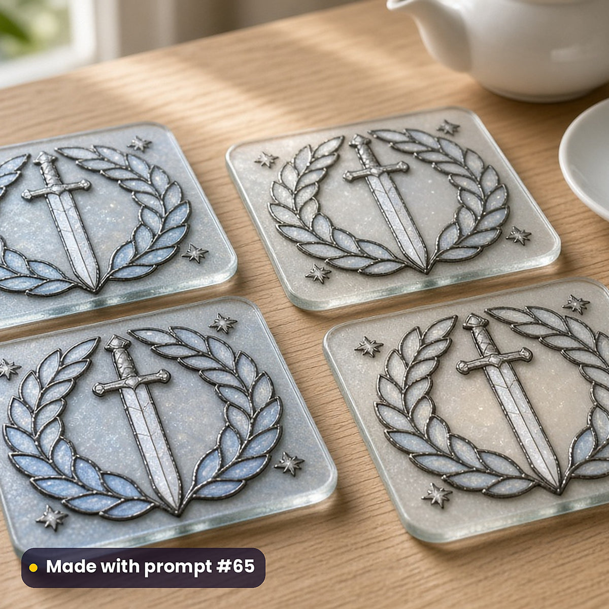 Legendary Swords stained glass prompt pack: set of UV-printed glass coasters mockup, made with prompt #65