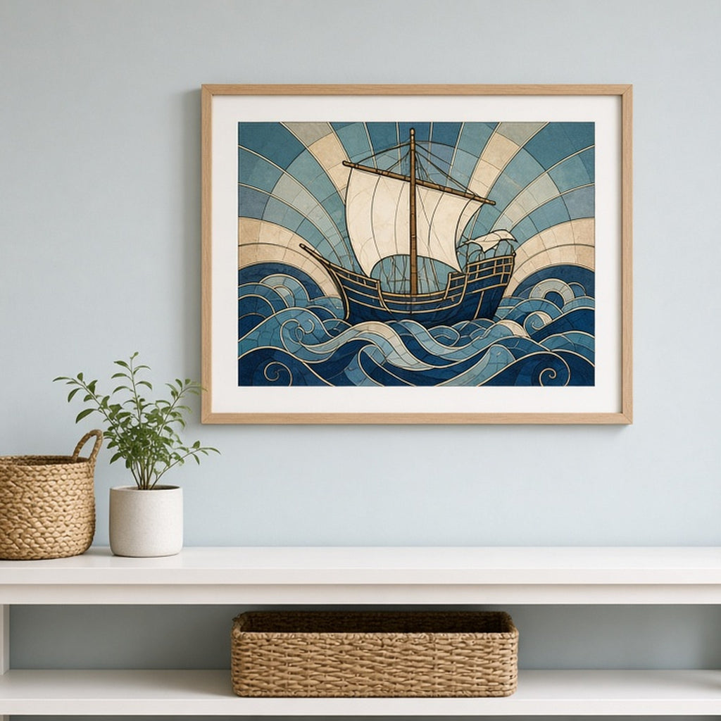 Medieval cog ship on curling waves in Art Deco stained-glass style shown as a flat framed print in a hallway, made with prompt #9