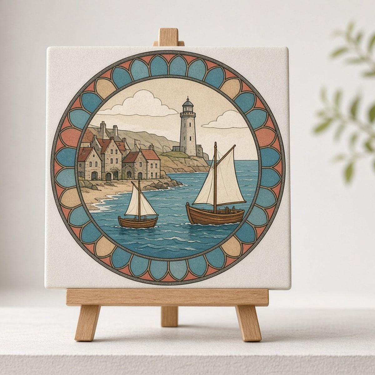 Rose-window harbour scene with a lighthouse and sailing boats printed flat on a ceramic tile on an easel, made with prompt #47
