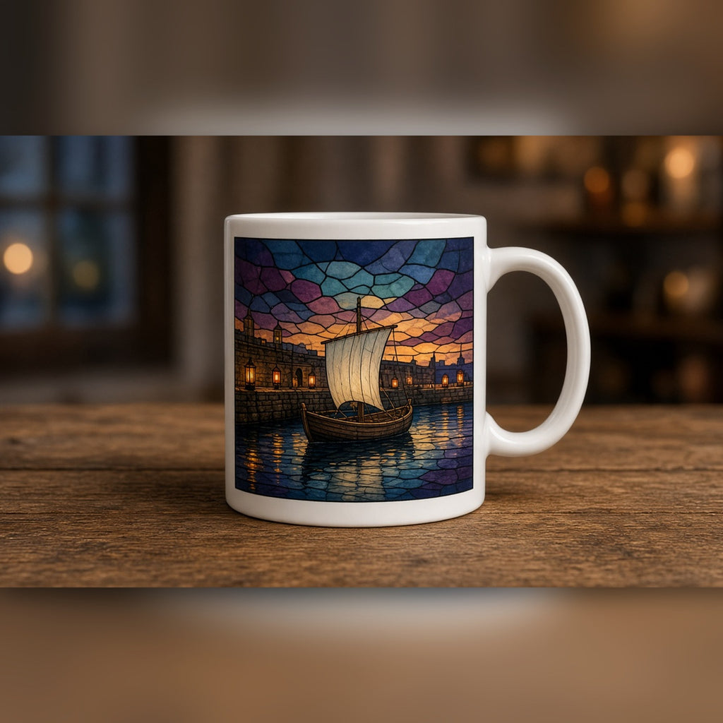 Arts and Crafts stained-glass ship in a lantern-lit harbour at dusk printed flat on a white ceramic mug, made with prompt #84