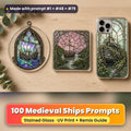 Medieval Ships stained glass prompt pack: UV-printed suncatcher, coaster and phone case set mockup, made with prompt #1 + #48 + #79